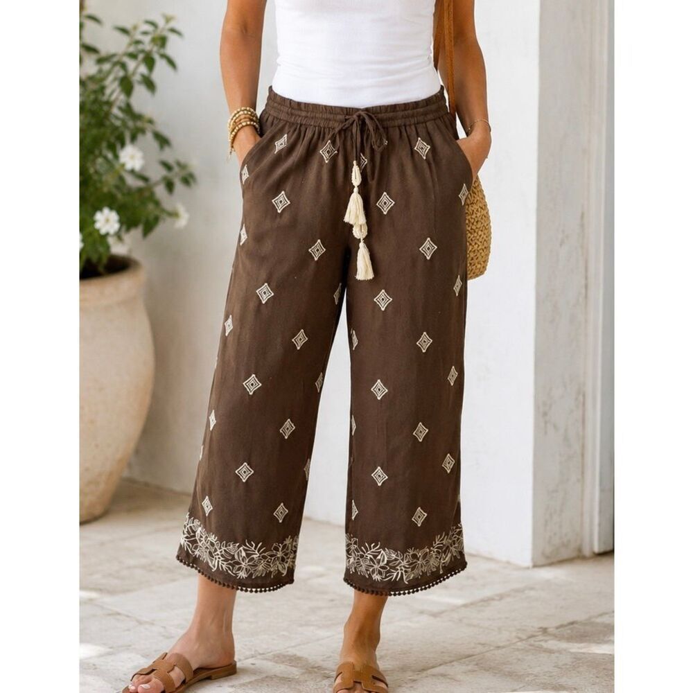 Sundance Le Meridian Embroidered Brown cropped Pants Women’s L Boho Tassel